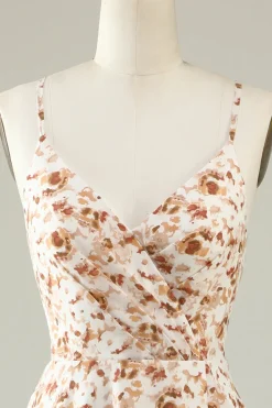 Vestido de Dama de Honor Com Babado Branco Floral Boho