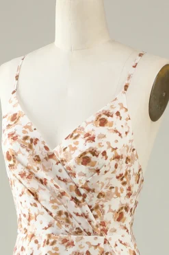 Vestido de Dama de Honor Com Babado Branco Floral Boho