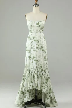 Vestido de dama de honra longo estampado estampado sem alças assimétrico