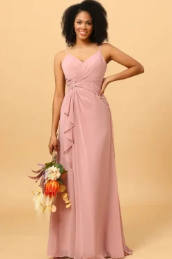 Vestido de Dama de Honra Rosa Cintas de Espaguete