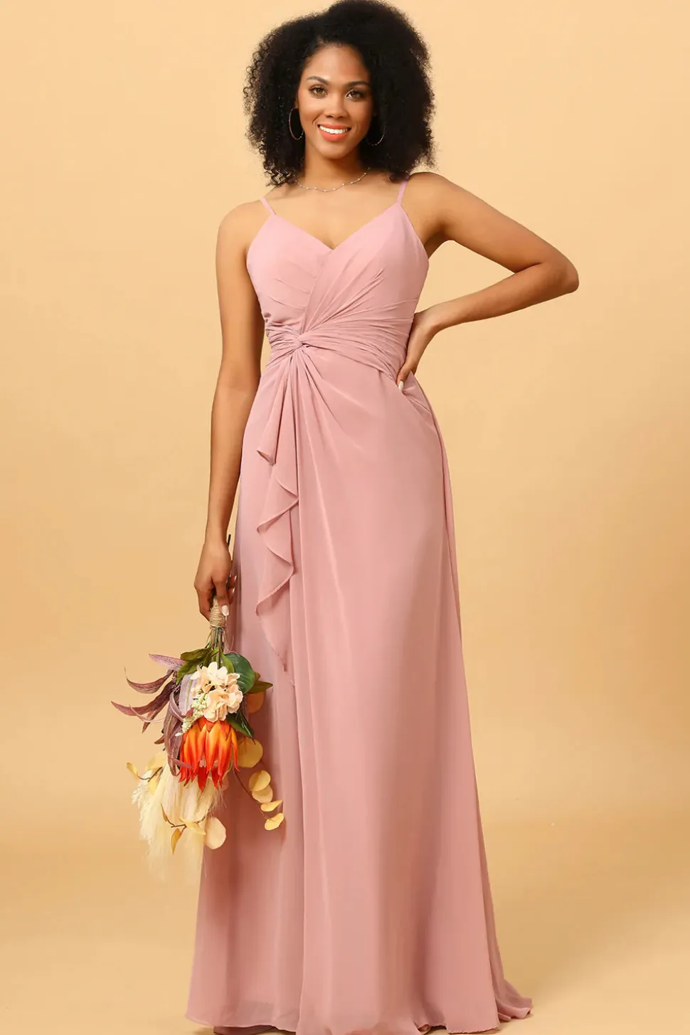 Vestido de Dama de Honra Rosa Cintas de Espaguete
