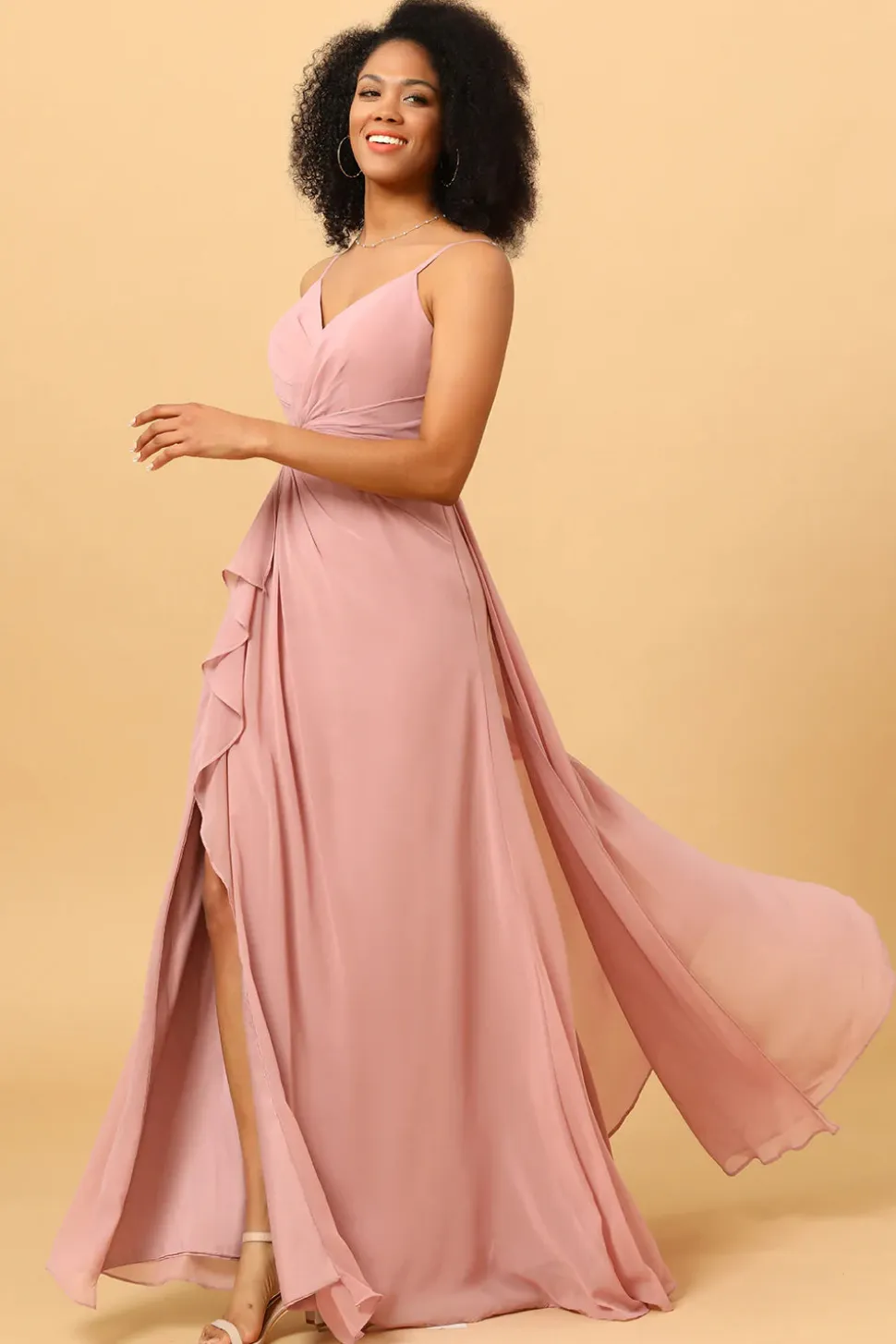 Vestido de Dama de Honra Rosa Cintas de Espaguete