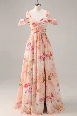 Vestido de dama de honra longo rosa floral Ruched com fenda