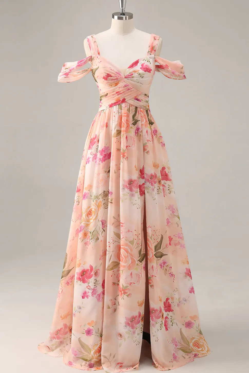 Vestido de dama de honra longo rosa floral Ruched com fenda