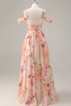 Vestido de dama de honra longo rosa floral Ruched com fenda