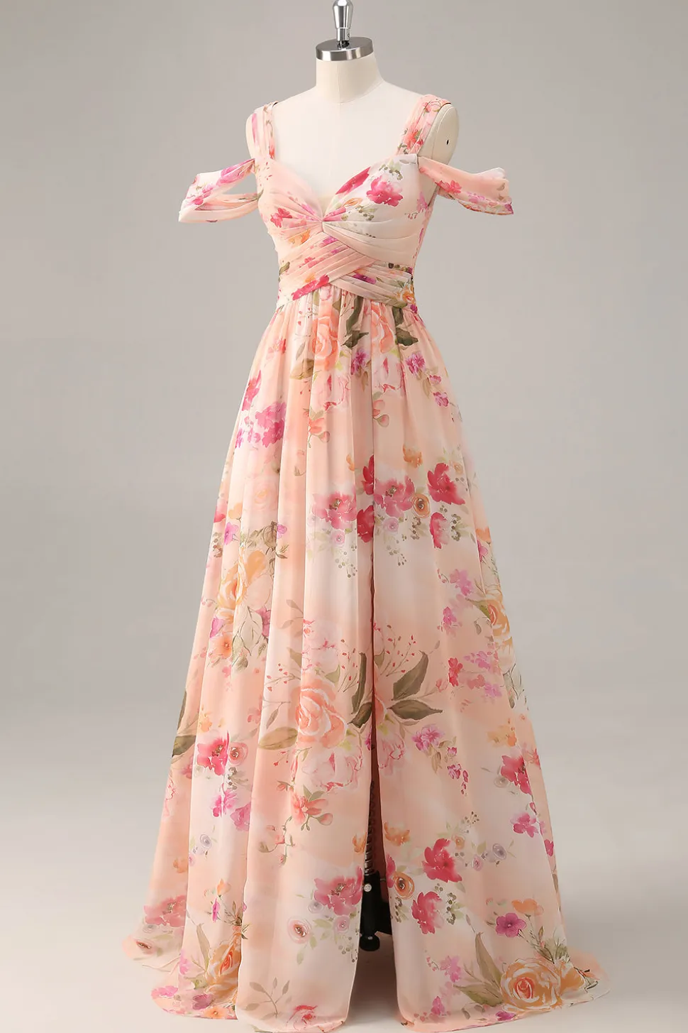 Vestido de dama de honra longo rosa floral Ruched com fenda