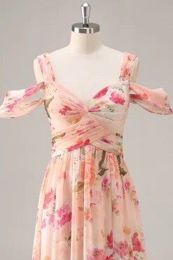 Vestido de dama de honra longo rosa floral Ruched com fenda
