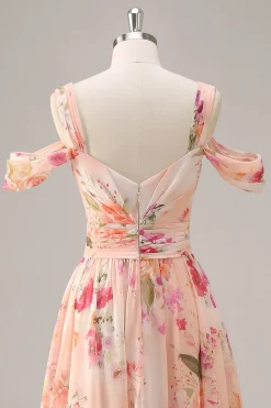 Vestido de dama de honra longo rosa floral Ruched com fenda