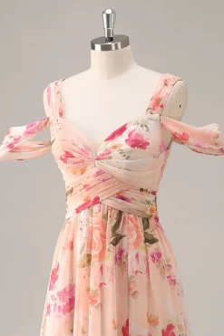 Vestido de dama de honra longo rosa floral Ruched com fenda