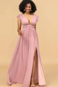 Vestido de dama de honra longo de chiffon com decote em v blush