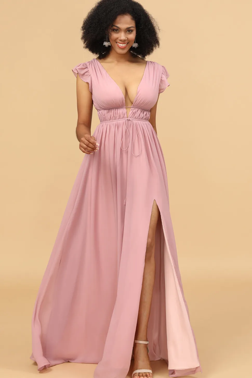 Vestido de dama de honra longo de chiffon com decote em v blush