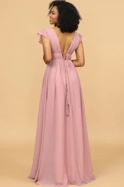 Vestido de dama de honra longo de chiffon com decote em v blush