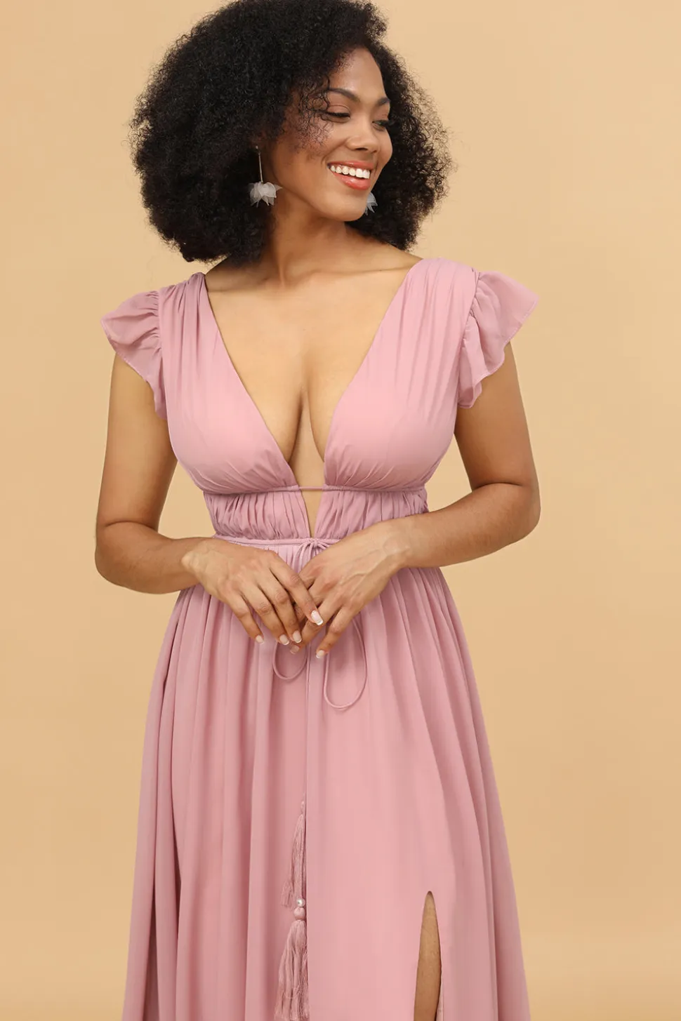 Vestido de dama de honra longo de chiffon com decote em v blush