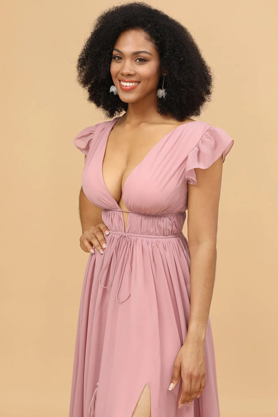 Vestido de dama de honra longo de chiffon com decote em v blush