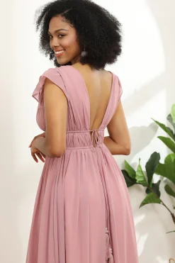Vestido de dama de honra longo de chiffon com decote em v blush