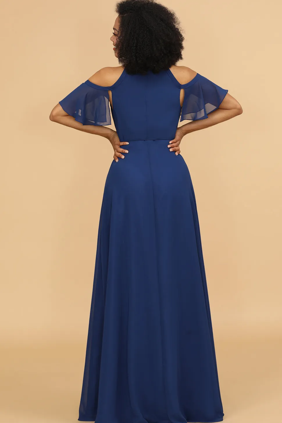 Vestido de dama de honra chiffon de ombro frio da marinha com fenda