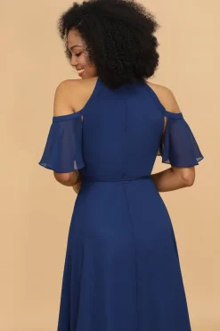 Vestido de dama de honra chiffon de ombro frio da marinha com fenda
