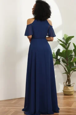 Vestido de dama de honra chiffon de ombro frio da marinha com fenda