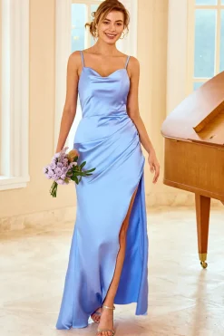 Vestido de dama de honra de pêssego com fenda
