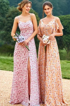 Vestido de dama de honra laranja de impressão floral