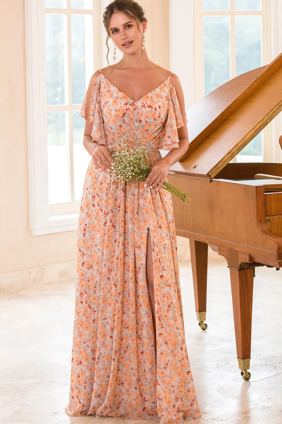 Vestido de dama de honra laranja de impressão floral