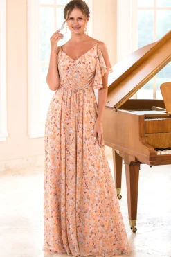 Vestido de dama de honra laranja de impressão floral