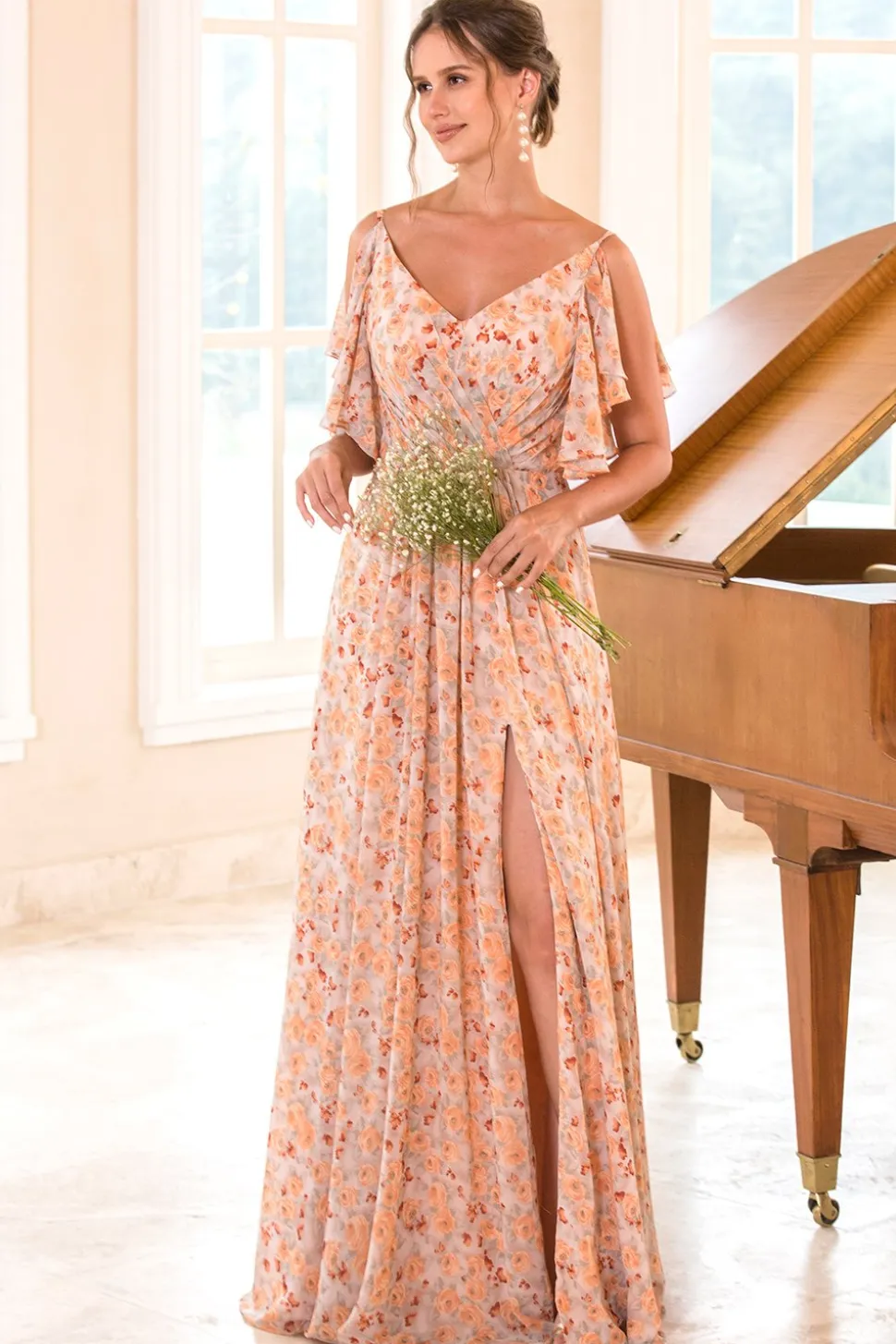 Vestido de dama de honra laranja de impressão floral