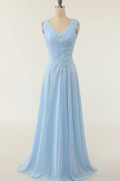 Vestido de dama de honra azul de pescoço em V com ruffle