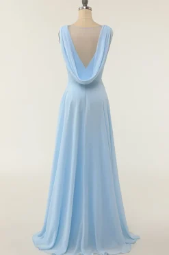 Vestido de dama de honra azul de pescoço em V com ruffle