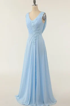 Vestido de dama de honra azul de pescoço em V com ruffle