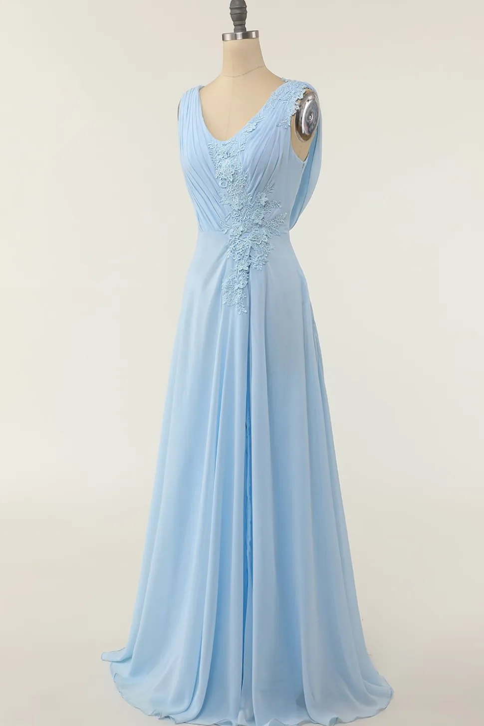 Vestido de dama de honra azul de pescoço em V com ruffle