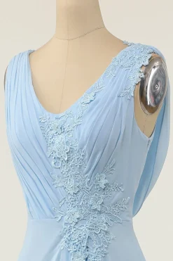 Vestido de dama de honra azul de pescoço em V com ruffle