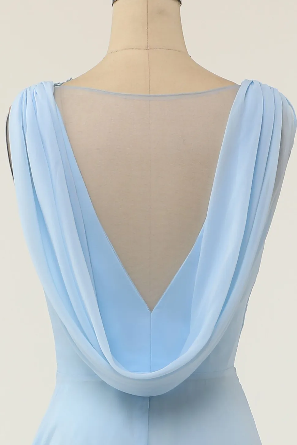 Vestido de dama de honra azul de pescoço em V com ruffle