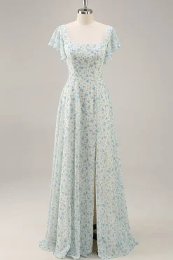 Vestido de dama de honra longo babado azul Chiffon com fenda