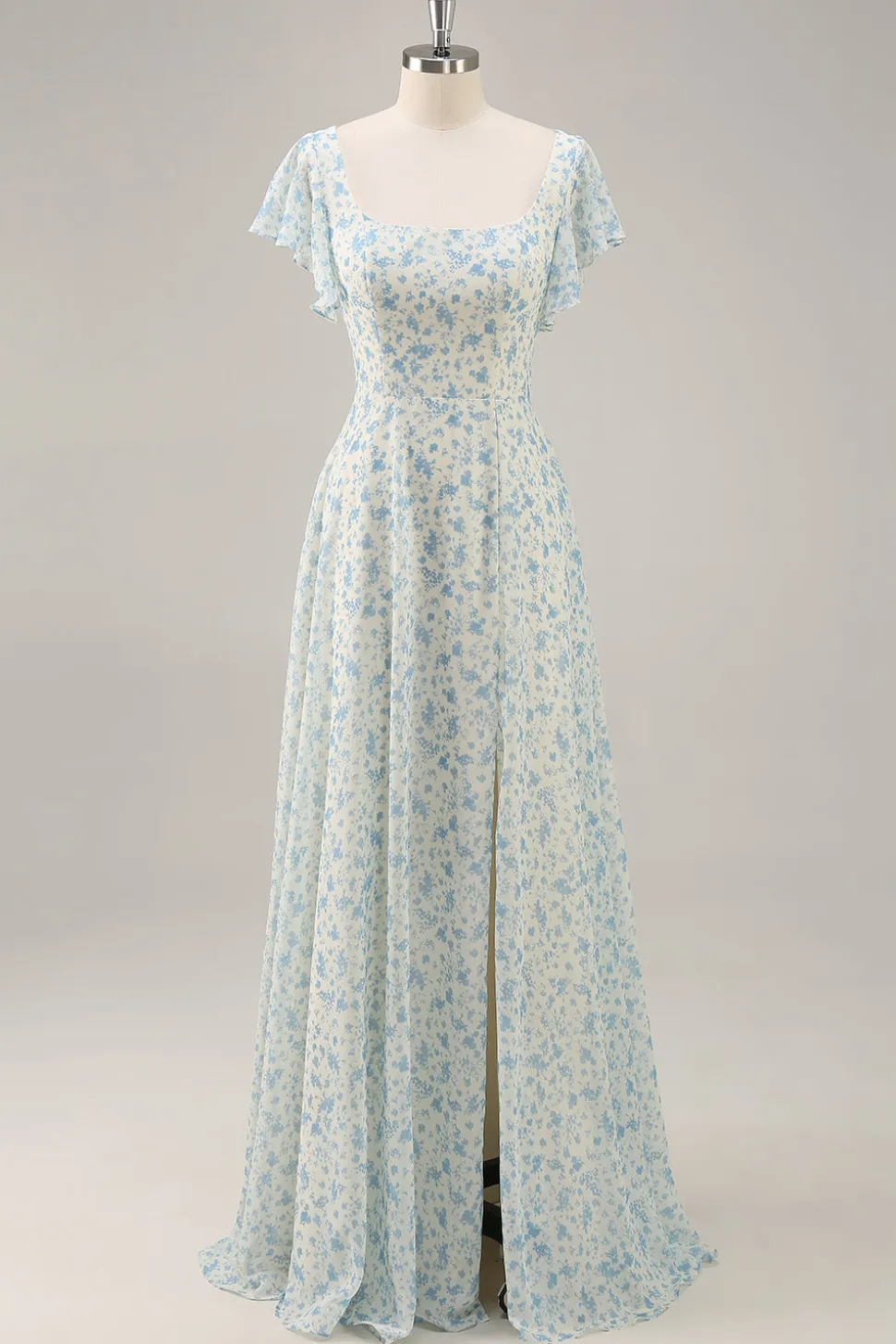 Vestido de dama de honra longo babado azul Chiffon com fenda