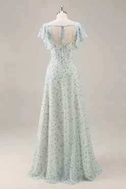 Vestido de dama de honra longo babado azul Chiffon com fenda