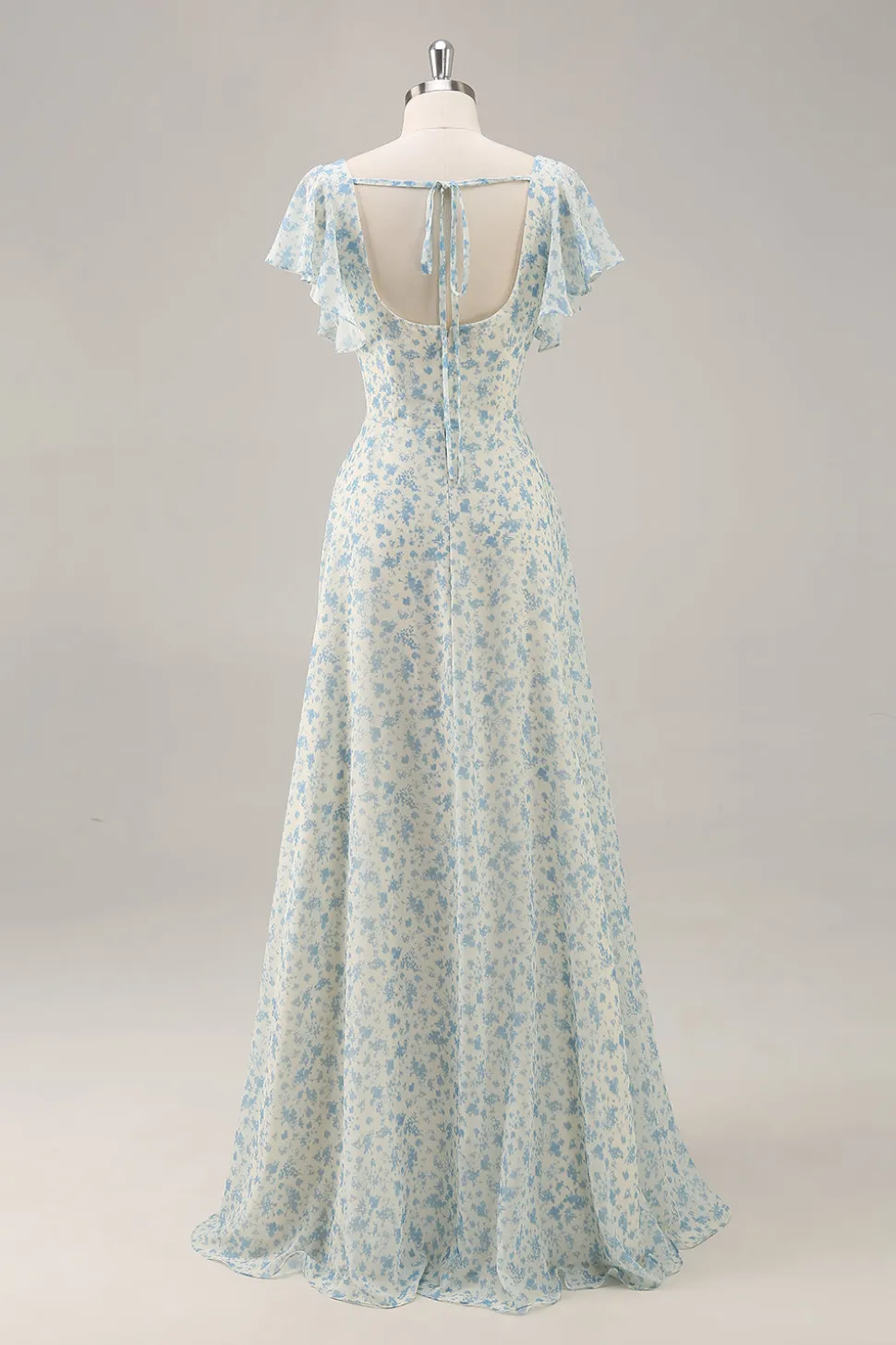 Vestido de dama de honra longo babado azul Chiffon com fenda