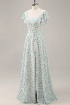 Vestido de dama de honra longo babado azul Chiffon com fenda
