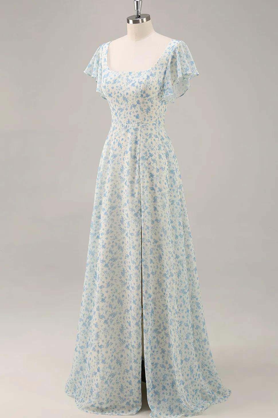 Vestido de dama de honra longo babado azul Chiffon com fenda