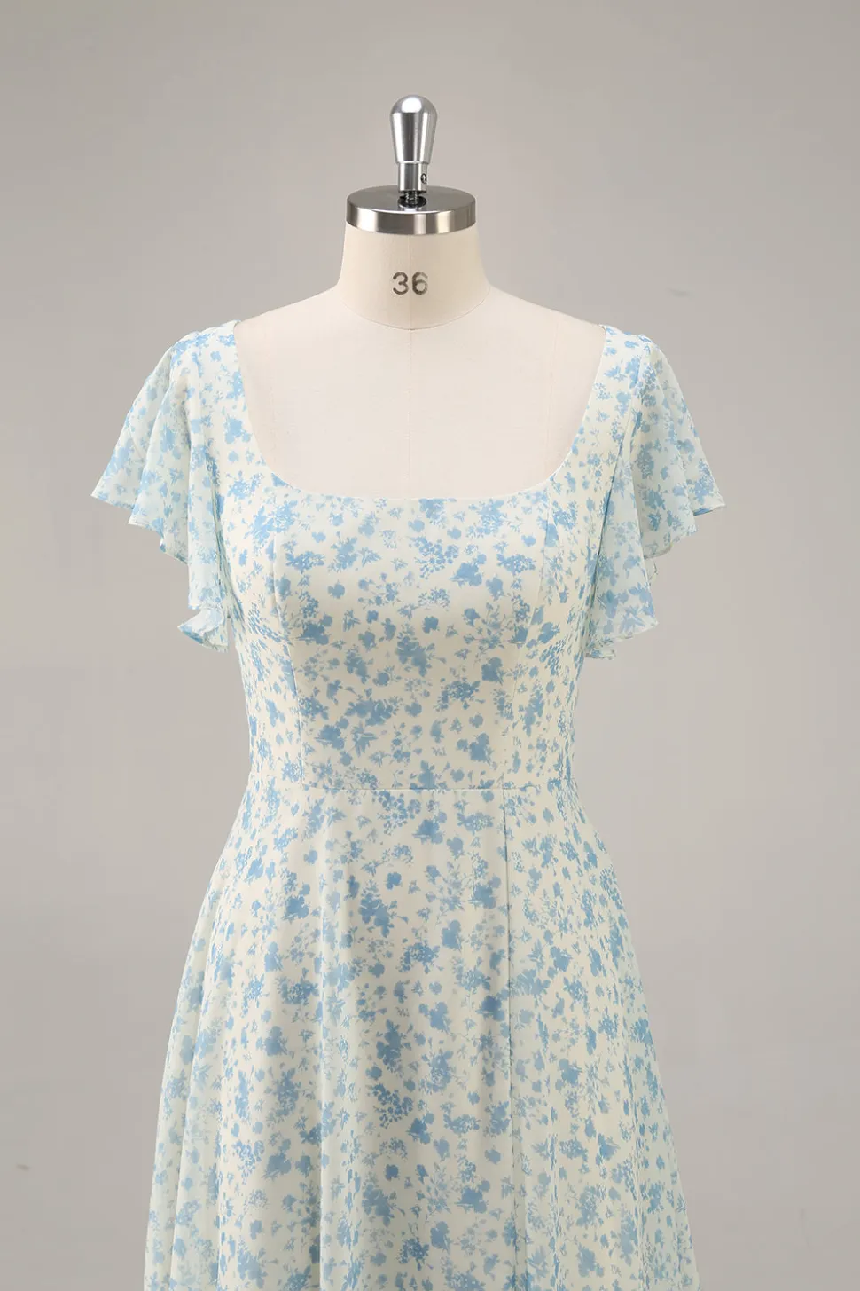 Vestido de dama de honra longo babado azul Chiffon com fenda