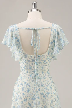 Vestido de dama de honra longo babado azul Chiffon com fenda
