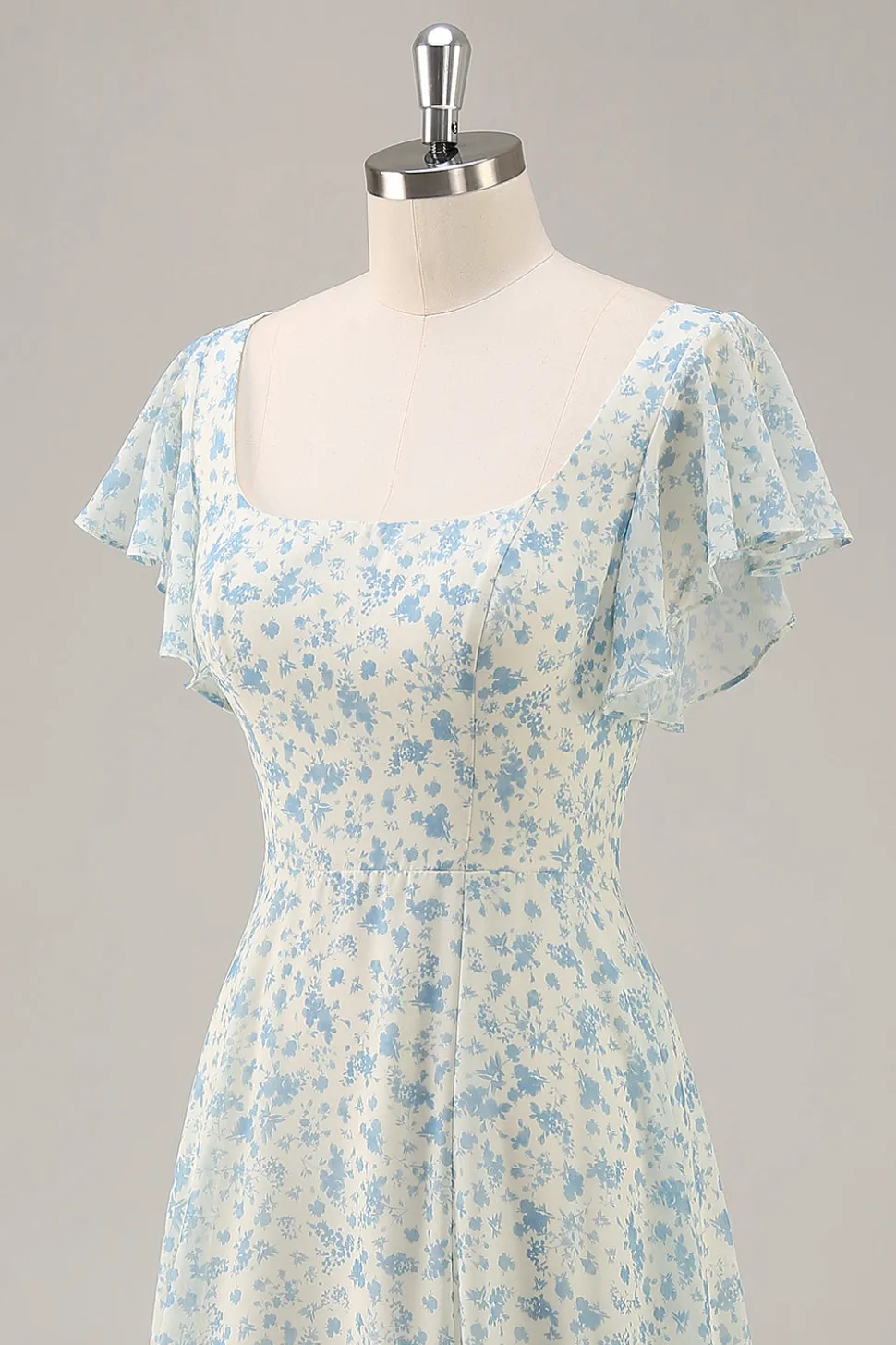 Vestido de dama de honra longo babado azul Chiffon com fenda
