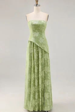 Vestido de dama de honra verde Sage estampado sem alças floral com fenda