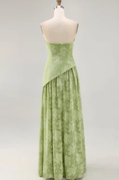 Vestido de dama de honra verde Sage estampado sem alças floral com fenda
