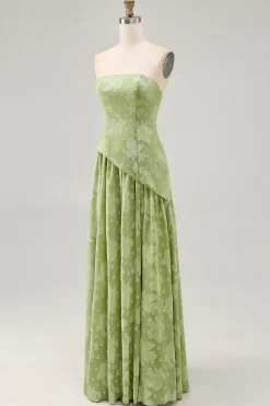 Vestido de dama de honra verde Sage estampado sem alças floral com fenda