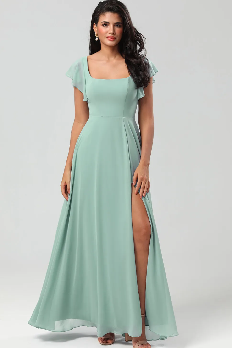 Vestido de dama de honra Chiffon de pescoço quadrado verde com folhos
