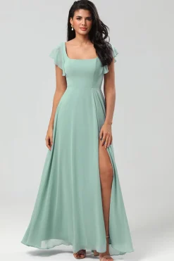 Vestido de dama de honra Chiffon de pescoço quadrado verde com folhos