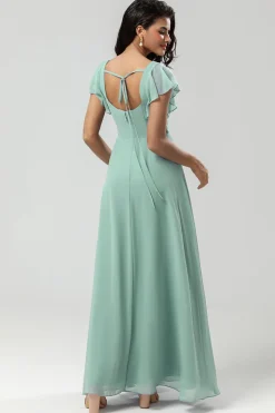 Vestido de dama de honra Chiffon de pescoço quadrado verde com folhos