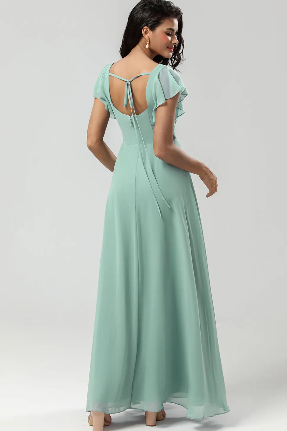 Vestido de dama de honra Chiffon de pescoço quadrado verde com folhos