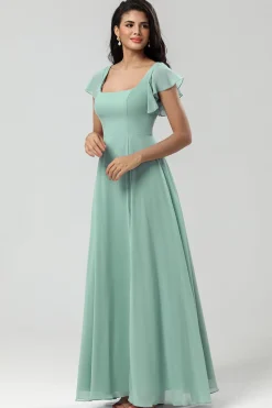 Vestido de dama de honra Chiffon de pescoço quadrado verde com folhos